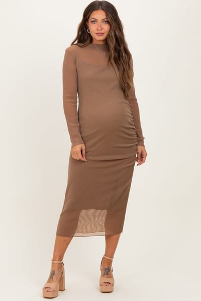 MIOU MUSE Mocha Shimmer Mesh Long Sleeve Ruched Maternity Midi Dress