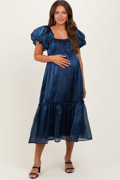 Elloh Navy Organza Puff Sleeve Maternity Midi Dress