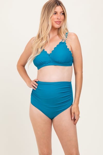 PinkBlush Teal Scalloped V-Neck High Waist Two-Piece Maternity Swimsuit