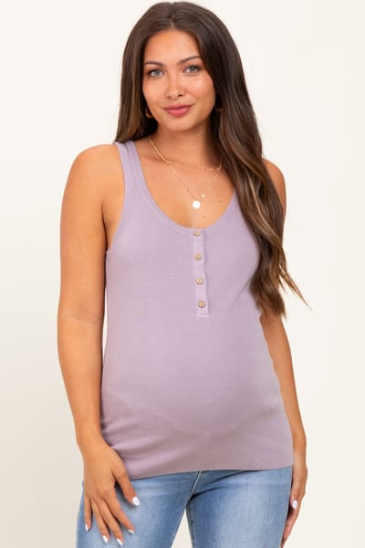 P.S. Kate Lavender Ribbed Knit Button Maternity Tank Top