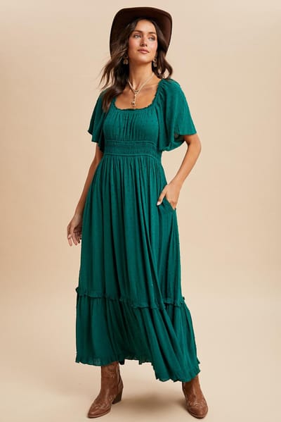 In Loom Forest Green Swiss Dot Ruffle Trim Maxi Dress