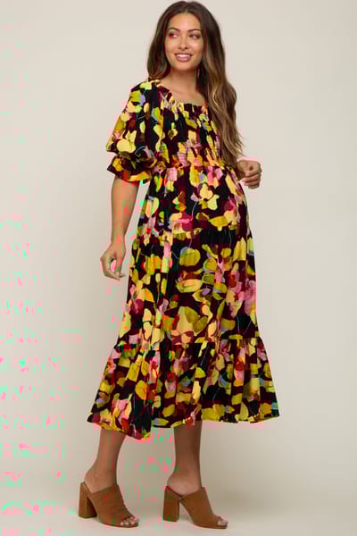 Eesome Black Floral Puff Sleeve Maternity Midi Dress