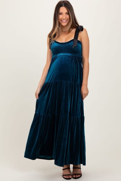 PinkBlush Deep Teal Velvet Smocked Satin Shoulder Tie Maternity Maxi Dress