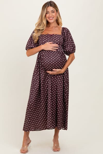 PinkBlush Brown Polka Dot Square Neck Maternity Midi Dress