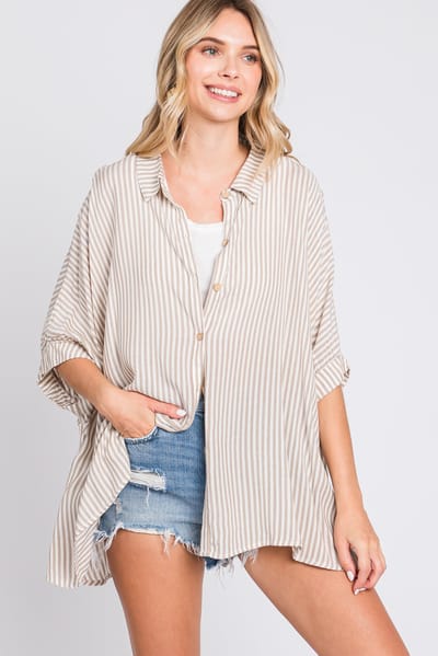 Zenana Outfitters Taupe Striped Button Up Dolman Top