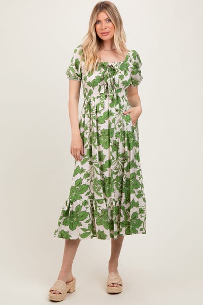 Dress Day Green Floral Smocked Triple Front Tie Midi Dress