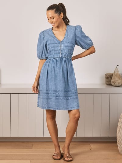 Angel Maternity Livie Reversible Maternity Denim Dress in Washed Blue