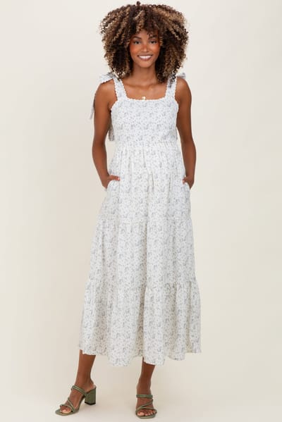 PinkBlush Ivory Floral Lace Trim Shoulder Tie Maternity Maxi Dress