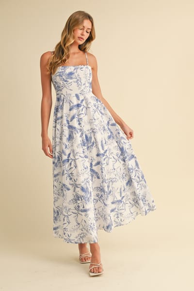 Klesis Blue Spaghetti Strap Printed A-Line Midi Dress