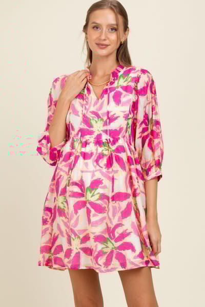 Jodifl Fuchsia Abstract Floral Front Tie 3/4 Sleeve Maternity Dress