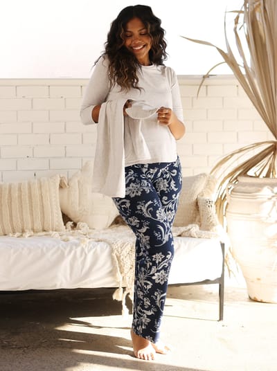 Angel Maternity 4-Piece  Maternity Loungewear Set-  Grey/Parsley Print
