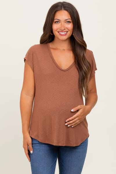 Be Cool Dark Camel V-Neck Maternity Top
