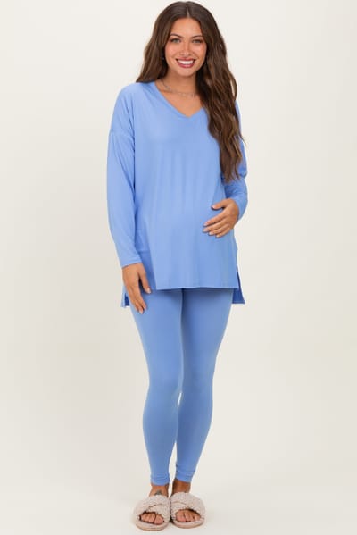 Zenana Outfitters Cornflower Blue Brushed Knit Maternity Oversized Top and Legging Set
