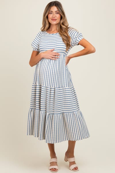 PinkBlush Cream/Blue Striped Short Sleeve Tiered Maternity Maxi Dress