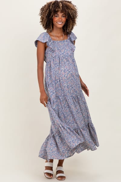 PinkBlush Blue Floral Ruffle Sleeve Maternity Maxi Dress
