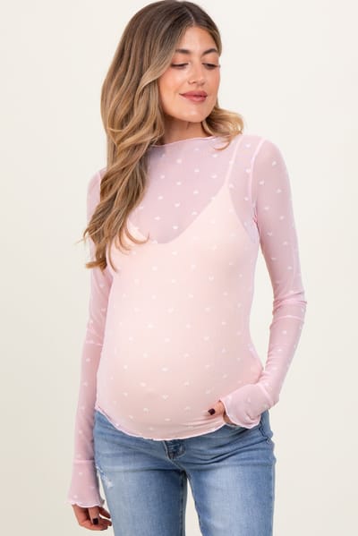 Sweet Generis Light Pink Mesh Heart High Neck Long Sleeve Maternity Top