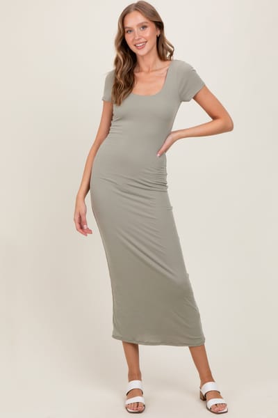 Hearts and Hips Sage Double Layered Ribbed Scoop Neck Maxi Dress