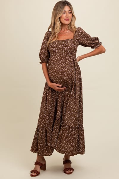 Elloh Mocha Floral Pleated Bodice Maternity Maxi Dress
