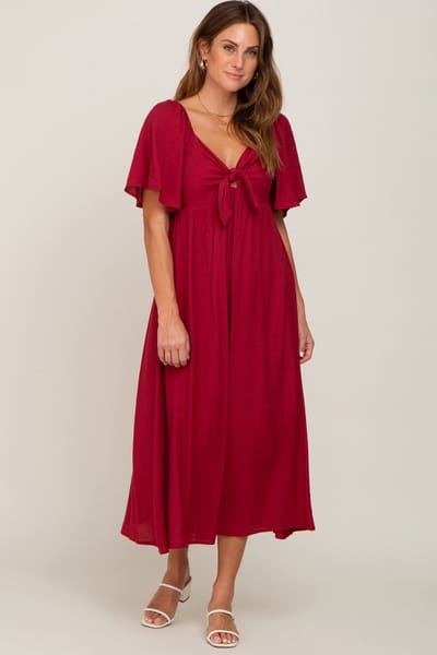 Lime N Chili Burgundy Front Tie Ruffle Sleeve Midi Dress