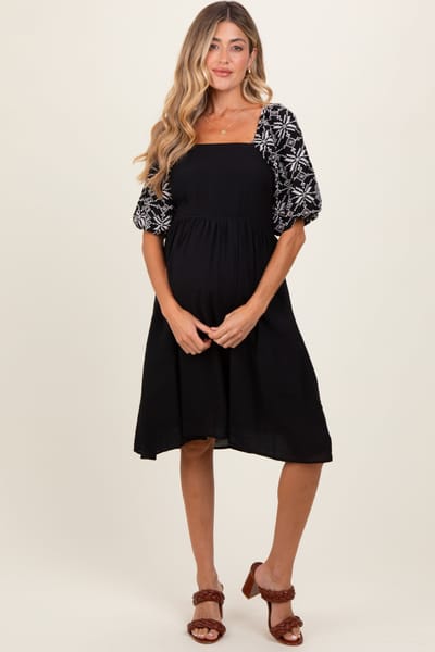 PinkBlush Black Embroidered Puff Short Sleeve Square Neck Maternity Dress
