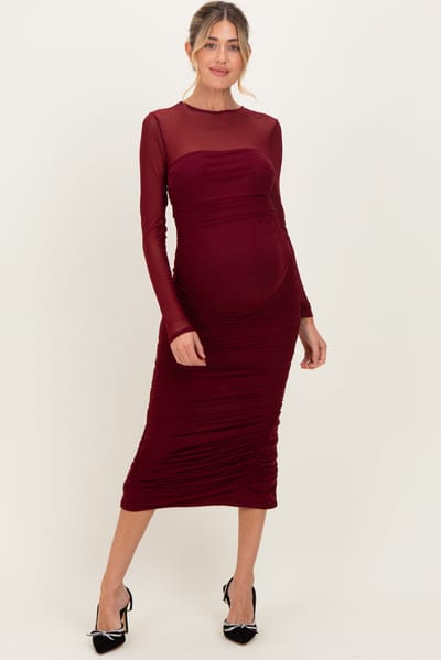 PinkBlush Burgundy Mesh Ruched Long Sleeve Maternity Midi Dress