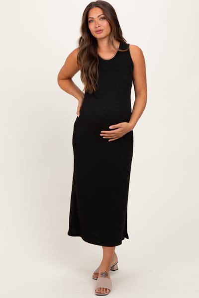 Les Amis Black Jacquard Sleeveless Side Slit Maternity Midi Dress
