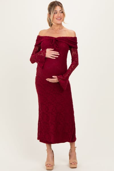 PinkBlush Burgundy Lace Off Shoulder Maternity Maxi Dress