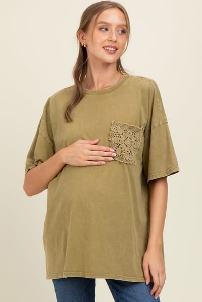 PinkBlush Olive Mineral Wash Crochet Pocket Maternity Top