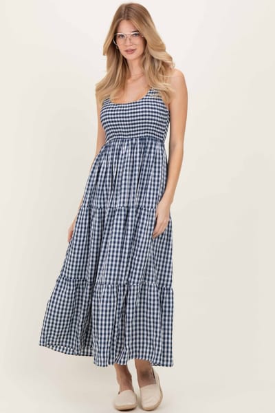 BaeVely Blue Gingham Sleeveless Tiered Maxi Dress