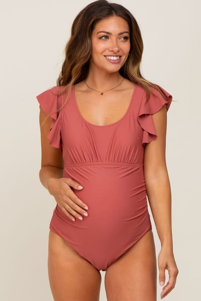 Charmo Rust Ruffle Shoulder Pleated Side Maternity One Piece Swimsuit