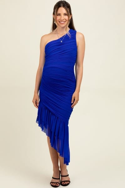 PinkBlush Royal Ruched Mesh One Shoulder Asymmetric Maternity Dress