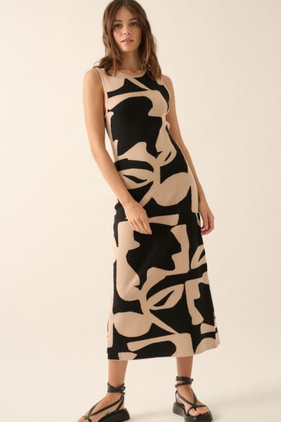 Promesa Black Abstract Print Knit Sleeveless Midi Dress