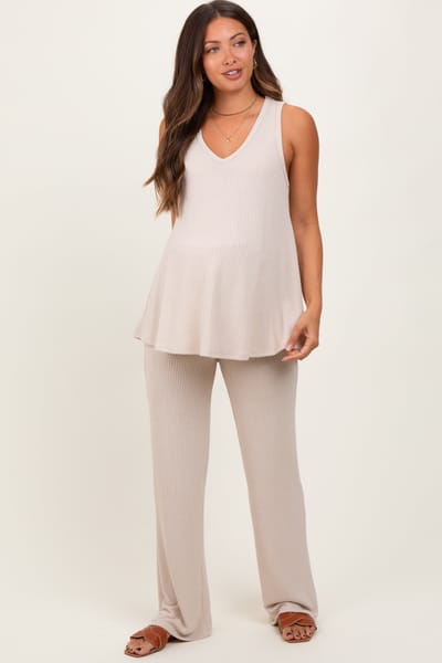 Mitto Cream Rib Knit Tank and Pant Maternity Set
