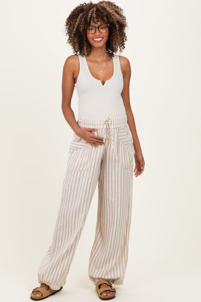 PinkBlush Taupe Striped Cotton Gauze Drawstring Maternity Pants