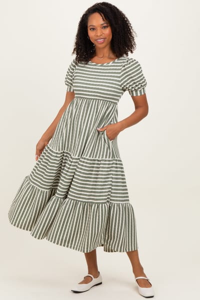 Rhea + Thea Dusty Olive/ Cream Striped Short Sleeve Tiered Maxi Dress