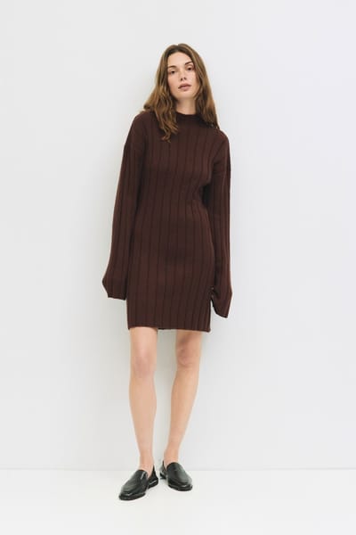 All Row Brown Wide Rib Mock Neck Sweater Mini Dress