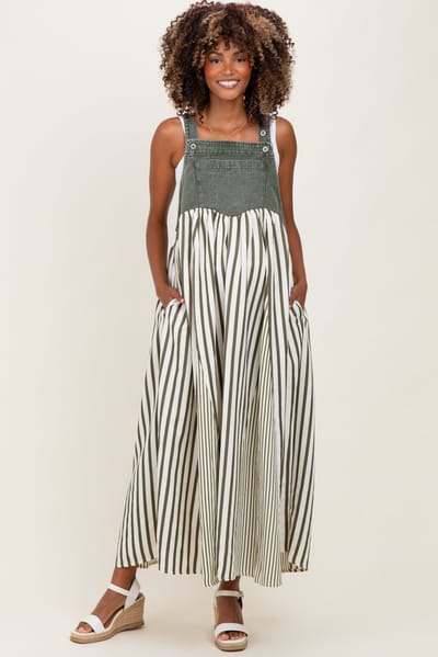 ODDI Olive Striped Colorblock Denim Contrast Maternity Maxi Dress