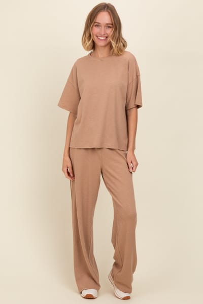 Rhea + Thea Taupe Textured Knit Oversized Tee And Pants Set