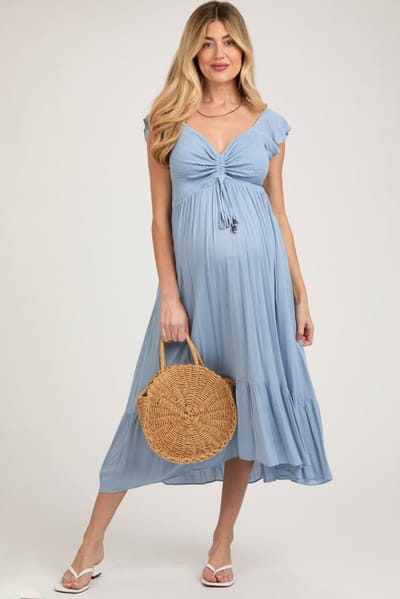 PinkBlush Light Blue Smocked Ruched Ruffle Hem Maternity Maxi Dress