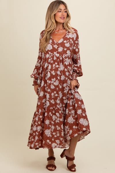 In Loom Rust Floral Textured Bubble Sleeve Maternity Maxi Dress