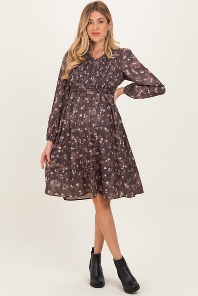 Polagram Brown Floral Smocked Long Sleeve Maternity Dress