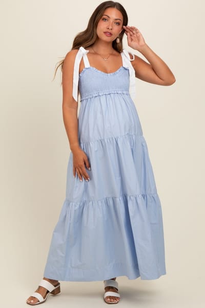 lala von Light Blue Contrast Shoulder Straps Maternity Maxi Dress