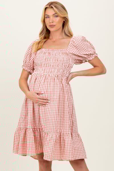 Elloh Rust Gingham Smocked Puff Sleeve Maternity Dress