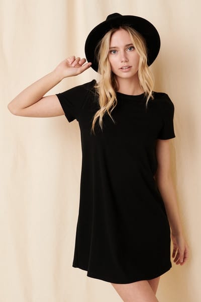 Rhea + Thea Black Ribbed Knit Basic Short Sleeve T-Shirt Dress