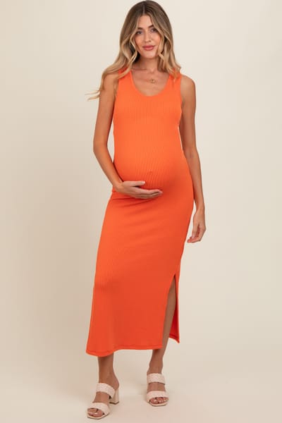 Rhea + Thea Orange Ribbed Side Slit Maternity Maxi Dress