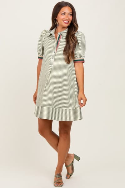 PinkBlush Light Olive Striped Puff Sleeve Maternity Mini Shirt Dress