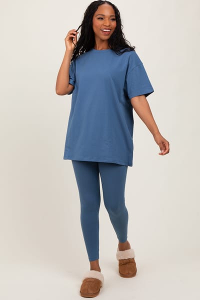 Zenana Outfitters Blue Oversized Crewneck Short Sleeve and Legging Set