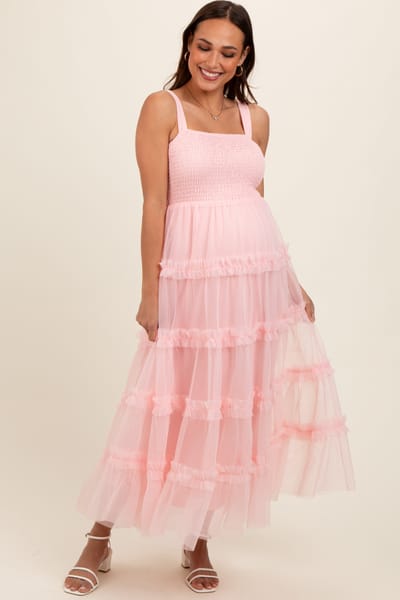 Listicle Light Pink Smocked Ruffle Tiered Tulle Maternity Midi Dress