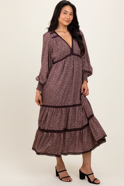 In Loom Brown Floral Lace Trim Bubble Sleeve Maxi Dress