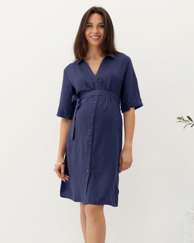 Angel Maternity Maternity Tie Waist Linen Dress in Navy